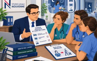 Infermieri assistiti da un legale in un caso di demansionamento per mansioni OSS svolte nei turni notturni.